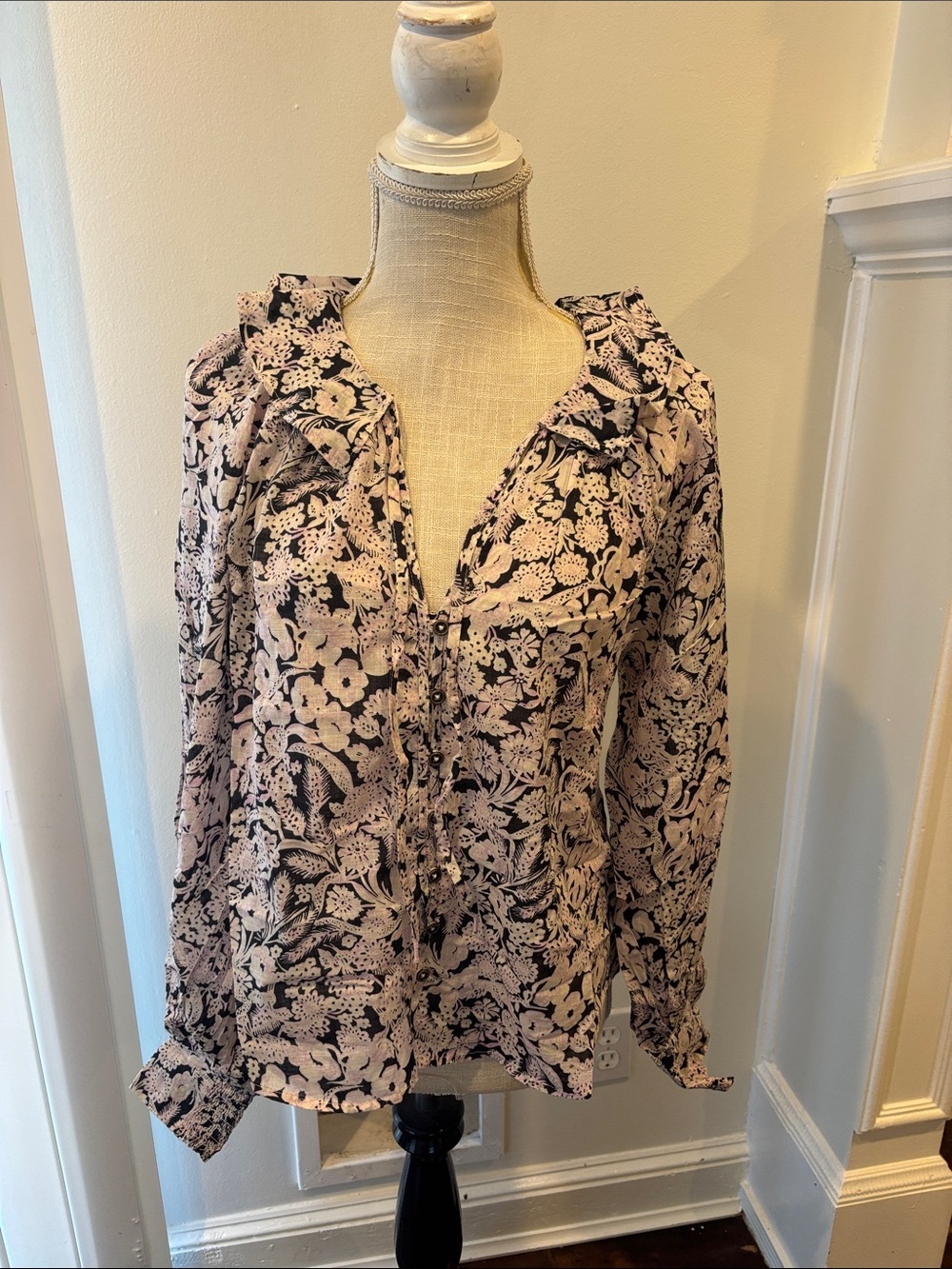 Anthropologie Floral Button-Up Blouse in Pink and Black